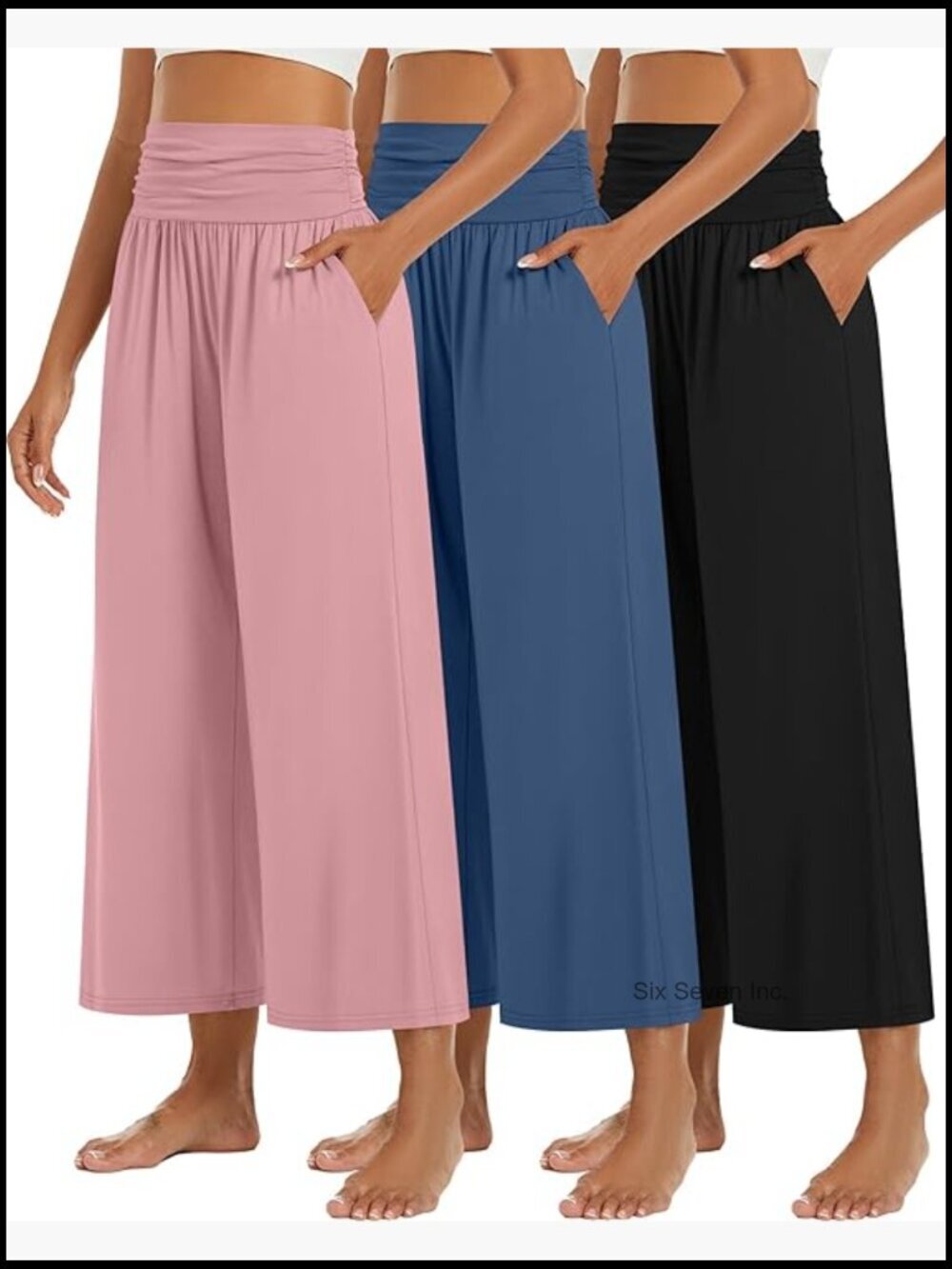 3 Pack Wide Leg Pants High Waist Loose Casual Capri with Pockets